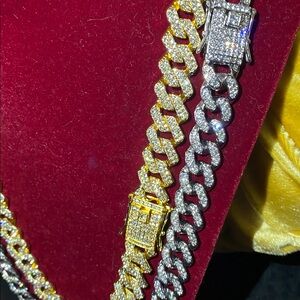 Gold and Silver Cuban Link Chain Necklace set 18 inch or 24 inch lab ice